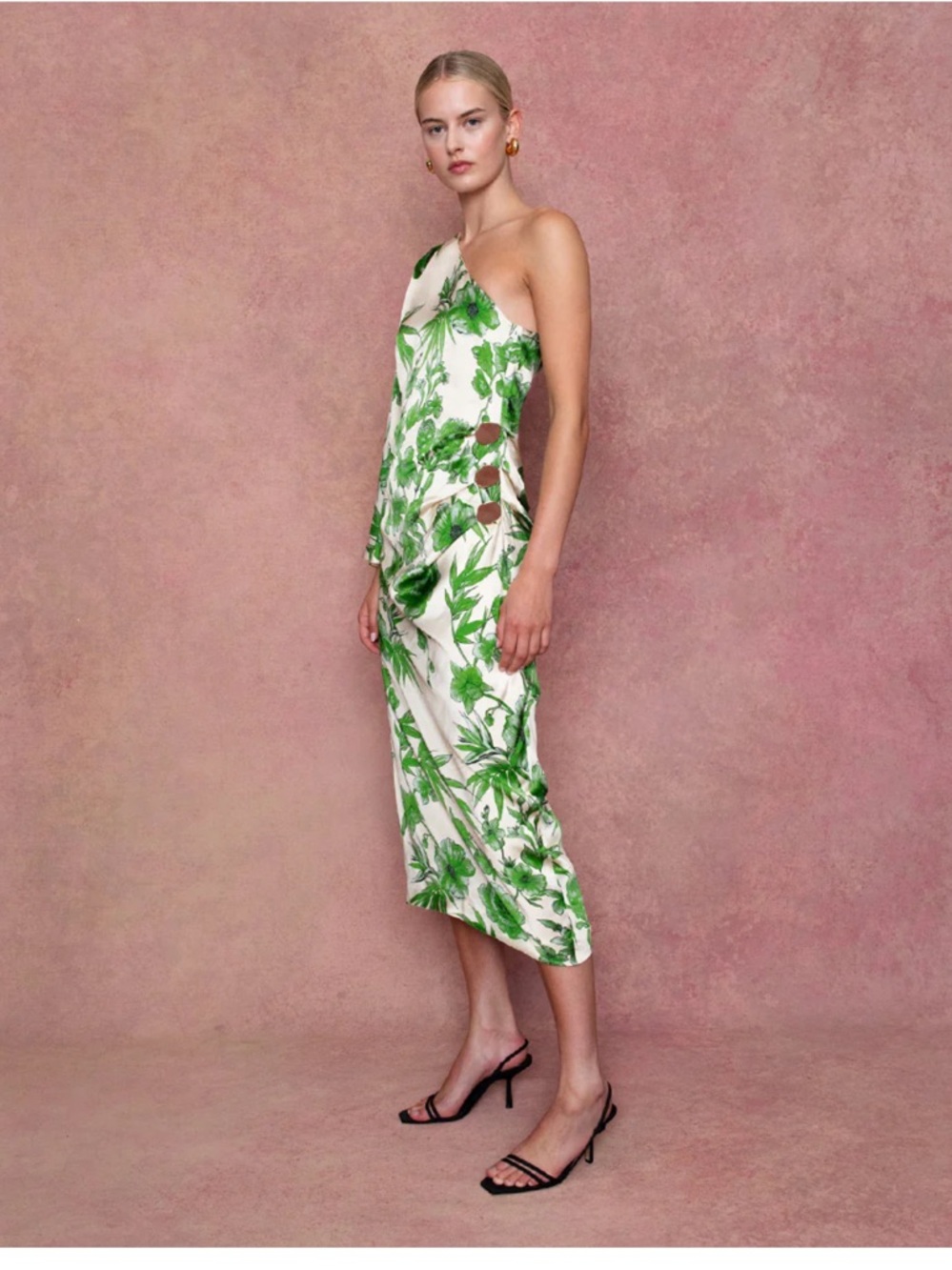 Borgo De Nor Cream One-Shoulder Dress with Green Floral Print